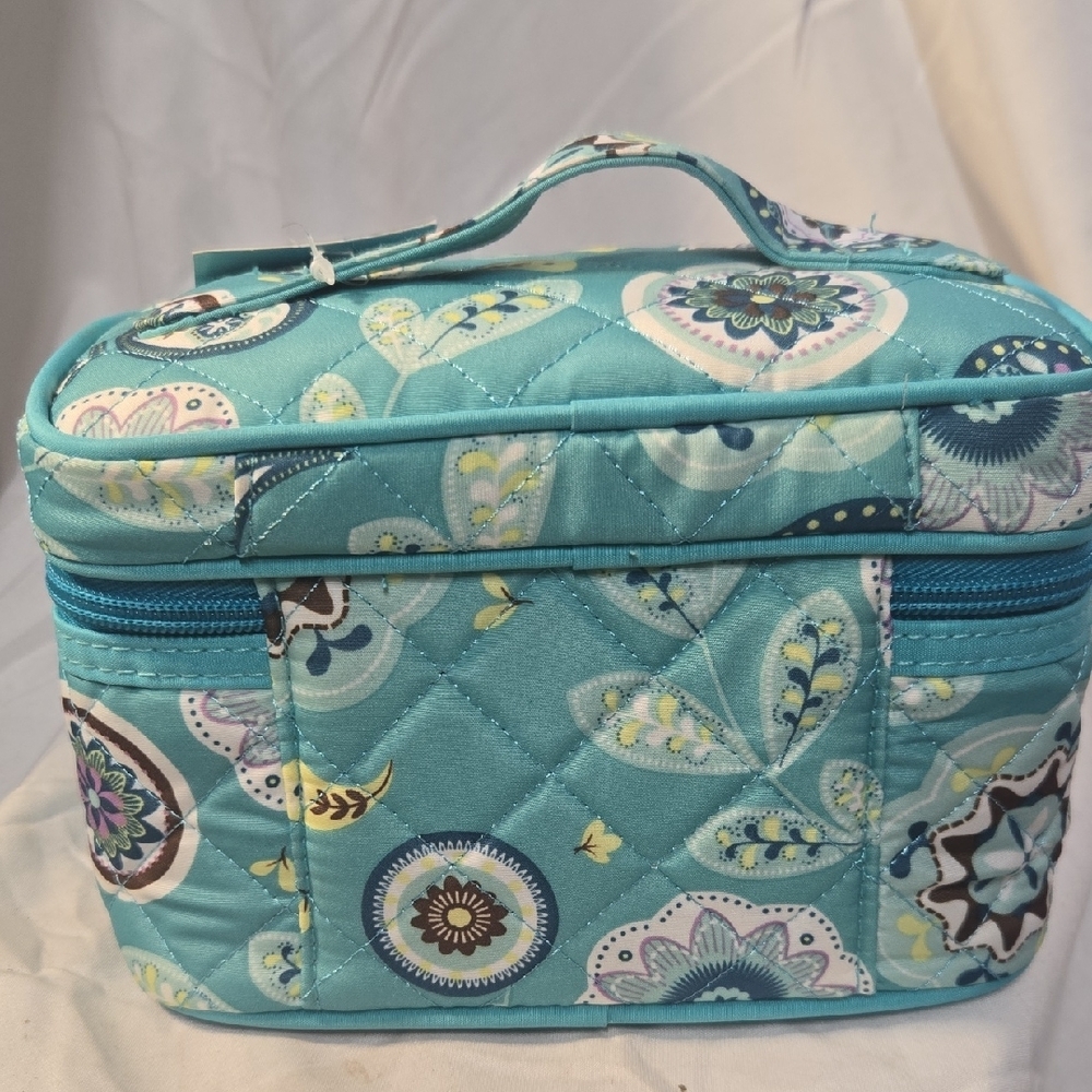 Modella Teal Floral Cosmetic Bag Quilted Mini Train Case - Picture 5 of 6